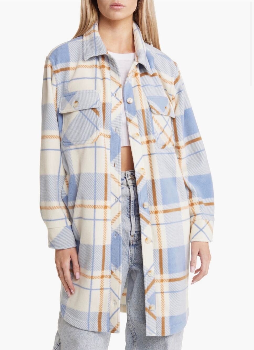 THREAD & SUPPLY Blue Plaid Long Polar Fleece Shacket Shirt Jacket Size Medium